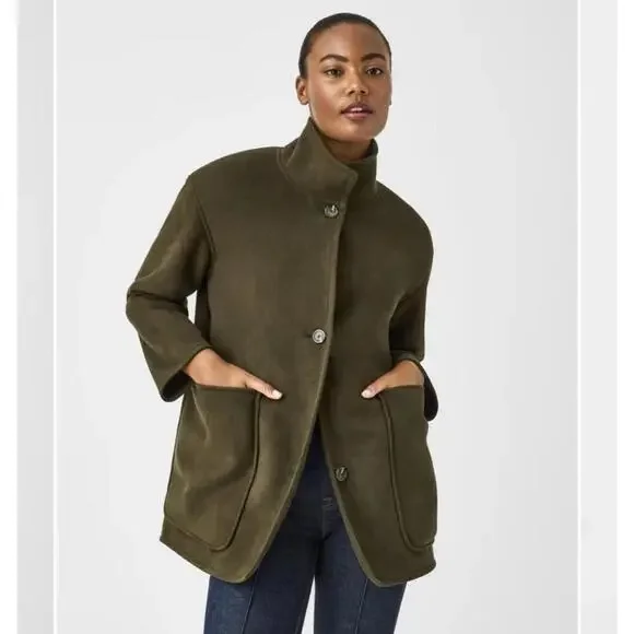 Spanx Reversible Faux Suede Fleece Jacket UTILITY GREEN Sz M MSRP $228 - Picture 3 of 8